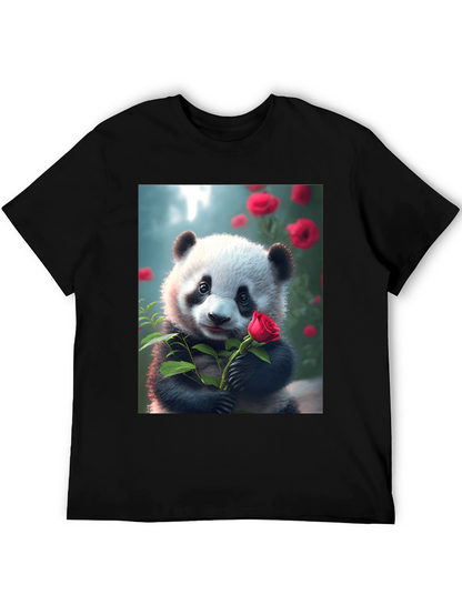 Panda with Rose Graphic Tee - Unique Black T-Shirt