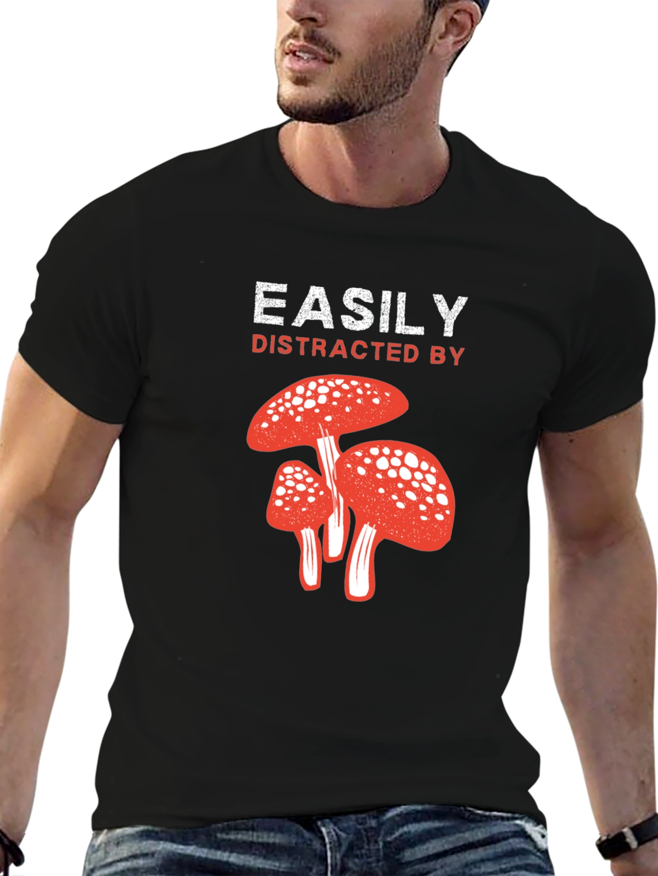 Easily Distracted By Mushrooms Black T-Shirt