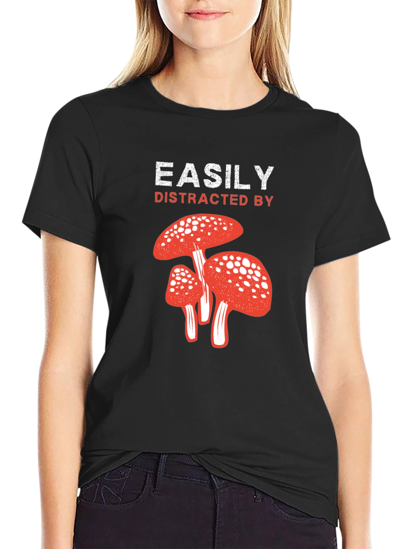 Easily Distracted By Mushrooms Black T-Shirt