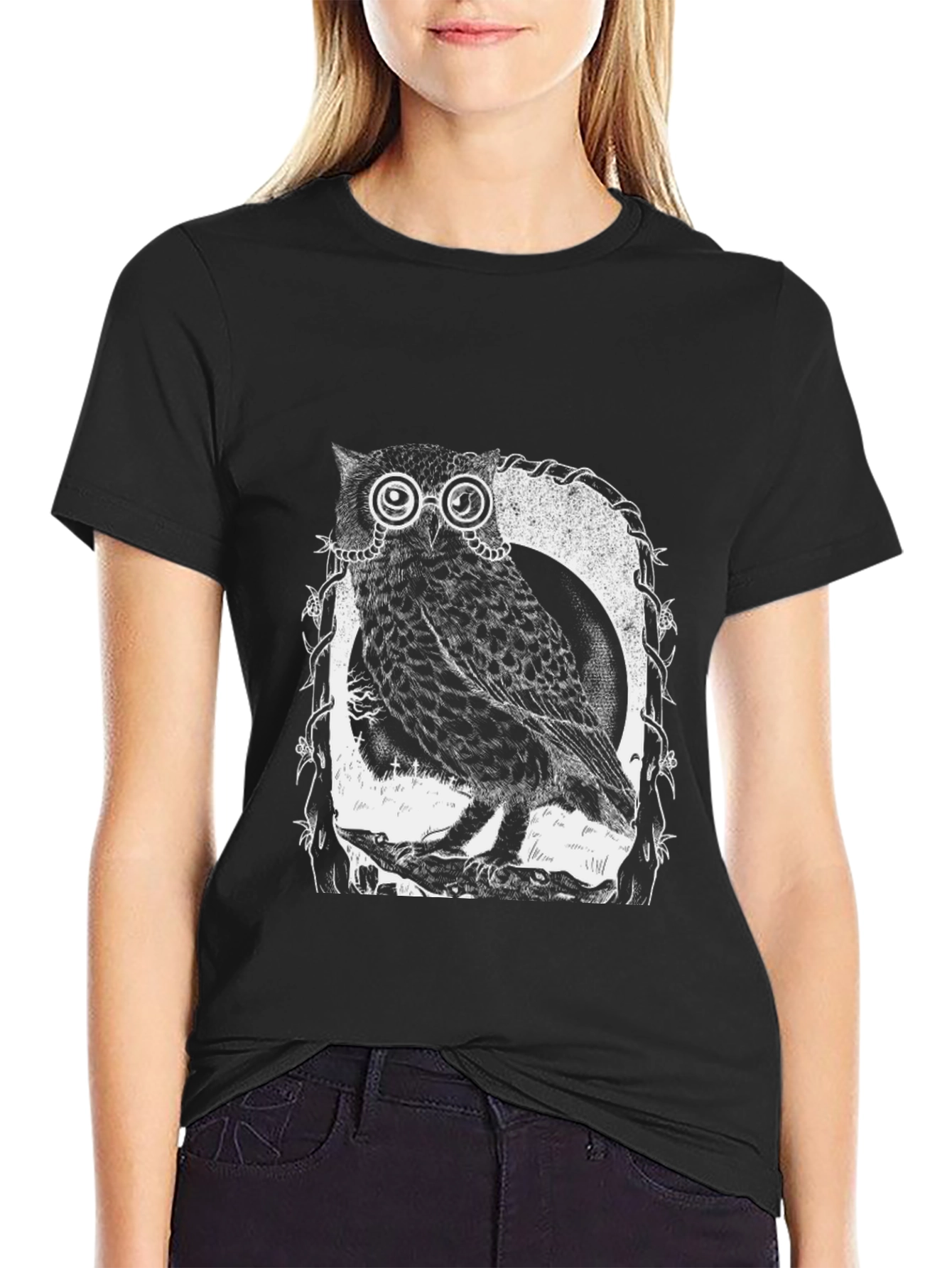 Owl With Glasses Graphic Tee - Black