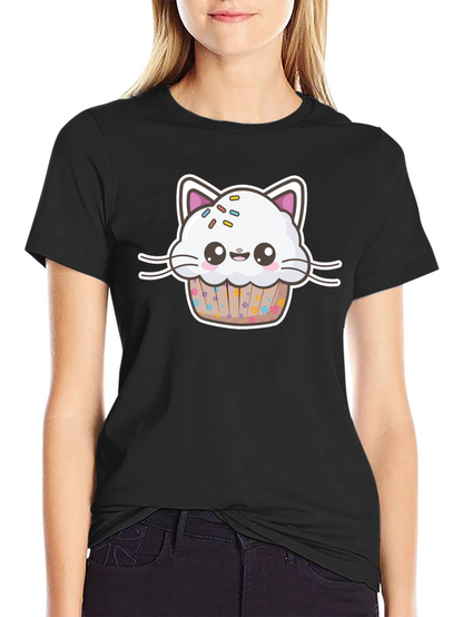 Cute Kawaii Cat Cupcake Black T-Shirt