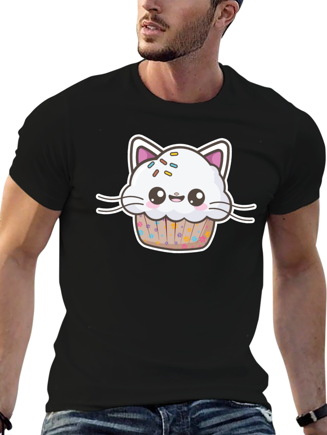 Cute Kawaii Cat Cupcake Black T-Shirt