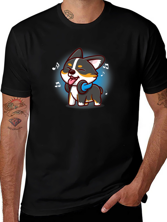 Cartoon Dog Music Lover Black T-Shirt
