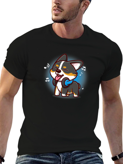 Cartoon Dog Music Lover Black T-Shirt