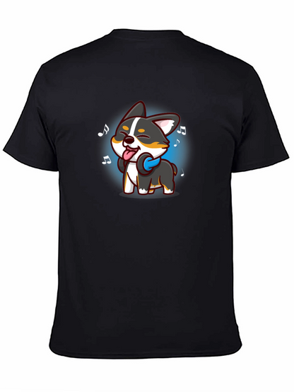 Cartoon Dog Music Lover Black T-Shirt