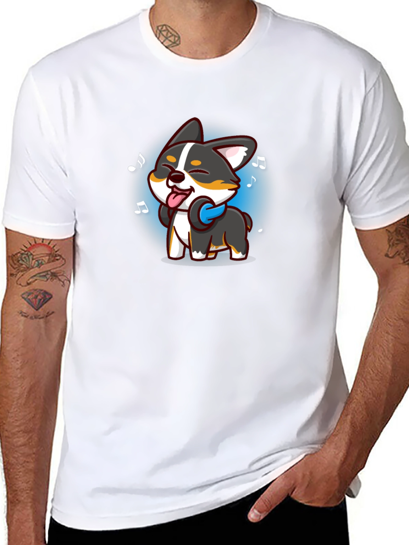 Cartoon Dog Music Lover Black T-Shirt