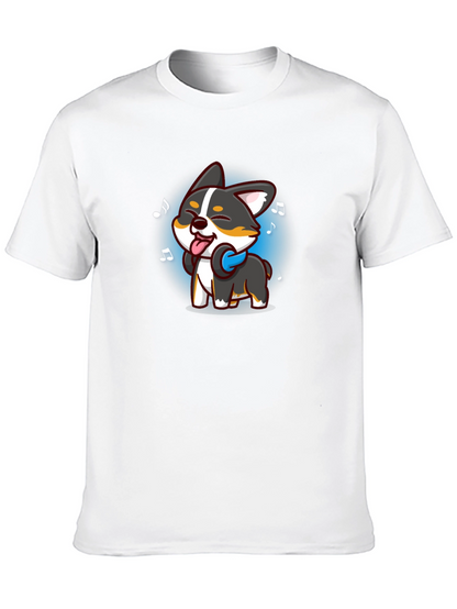 Cartoon Dog Music Lover Black T-Shirt