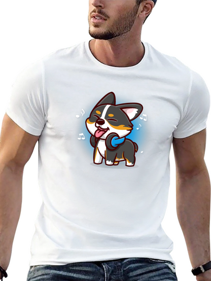 Cartoon Dog Music Lover Black T-Shirt