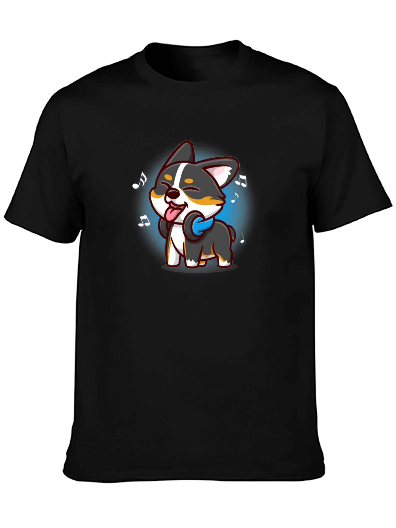 Cartoon Dog Music Lover Black T-Shirt