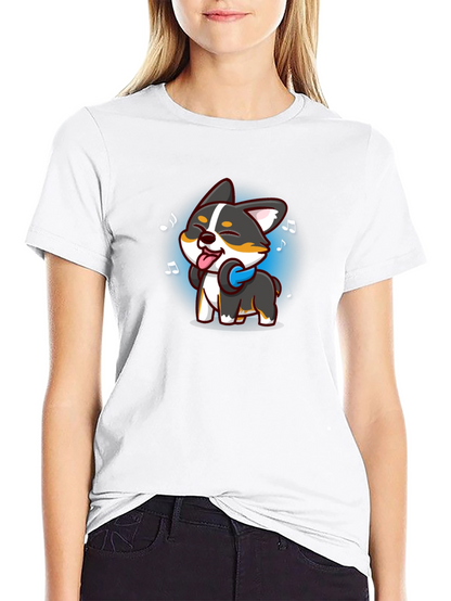 Cartoon Dog Music Lover Black T-Shirt