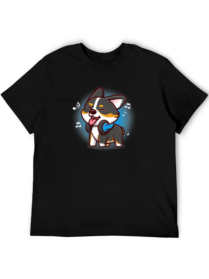 Cartoon Dog Music Lover Black T-Shirt