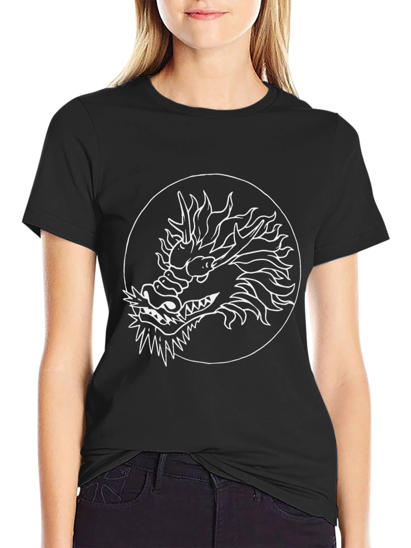 Dragon Graphic Tee - Black Cotton Blend Casual Top
