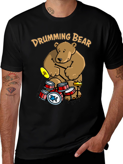 Drumming Bear Graphic Tee - Black Cotton Blend Shirt