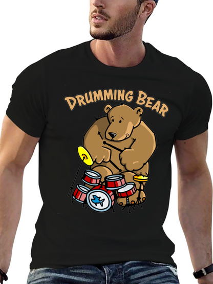 Drumming Bear Graphic Tee - Black Cotton Blend Shirt
