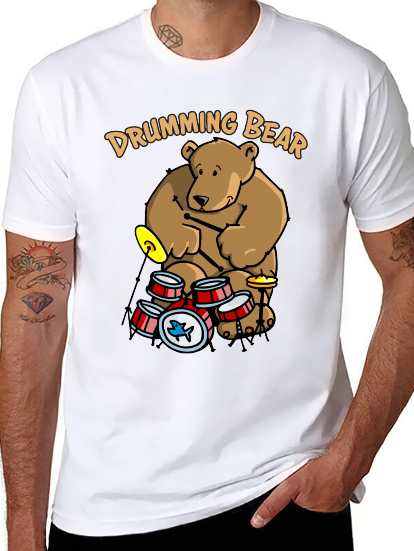 Drumming Bear Graphic Tee - Black Cotton Blend Shirt