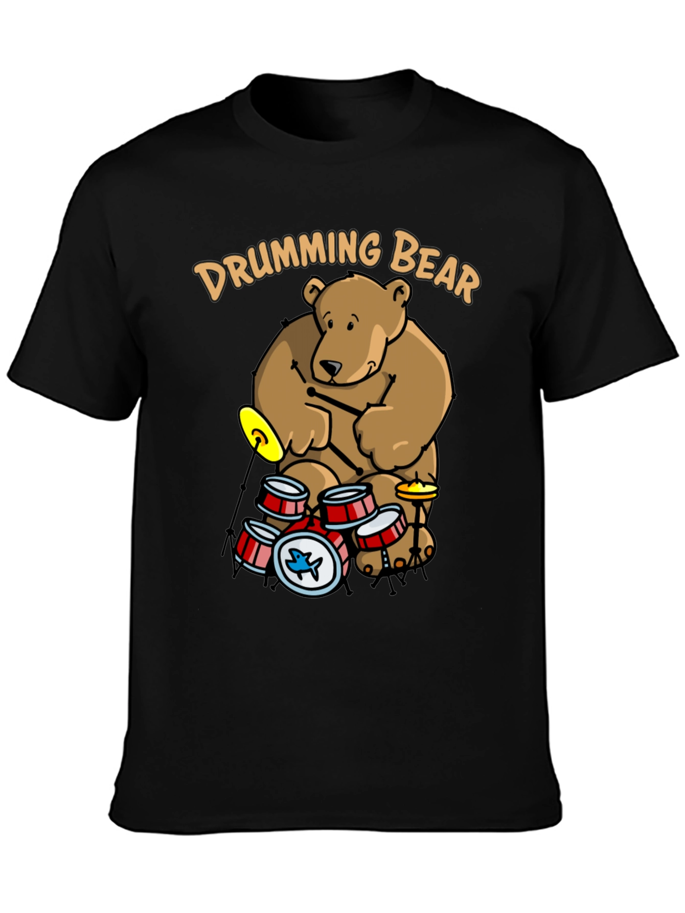 Drumming Bear Graphic Tee - Black Cotton Blend Shirt