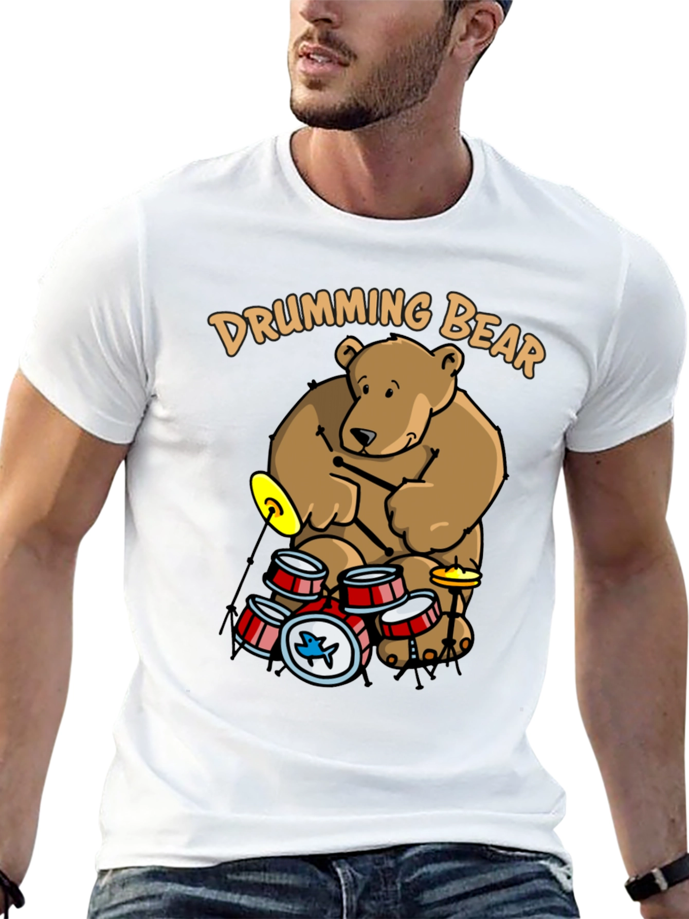Drumming Bear Graphic Tee - Black Cotton Blend Shirt