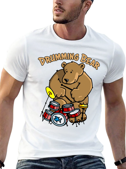 Drumming Bear Graphic Tee - Black Cotton Blend Shirt