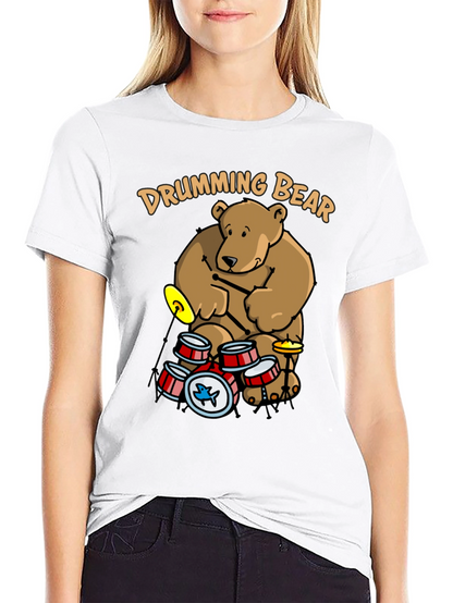 Drumming Bear Graphic Tee - Black Cotton Blend Shirt