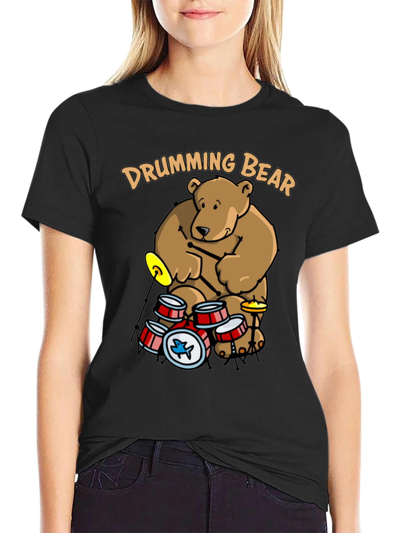 Drumming Bear Graphic Tee - Black Cotton Blend Shirt