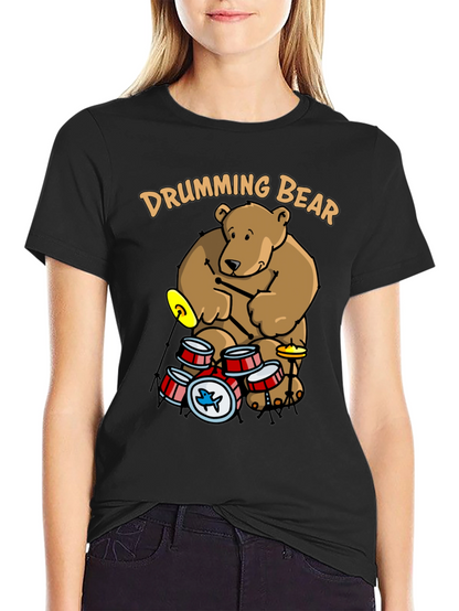 Drumming Bear Graphic Tee - Black Cotton Blend Shirt
