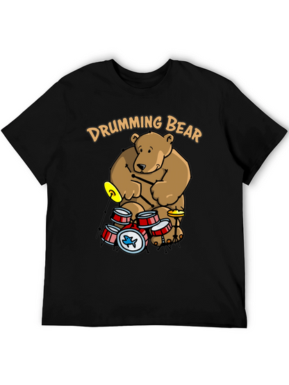 Drumming Bear Graphic Tee - Black Cotton Blend Shirt