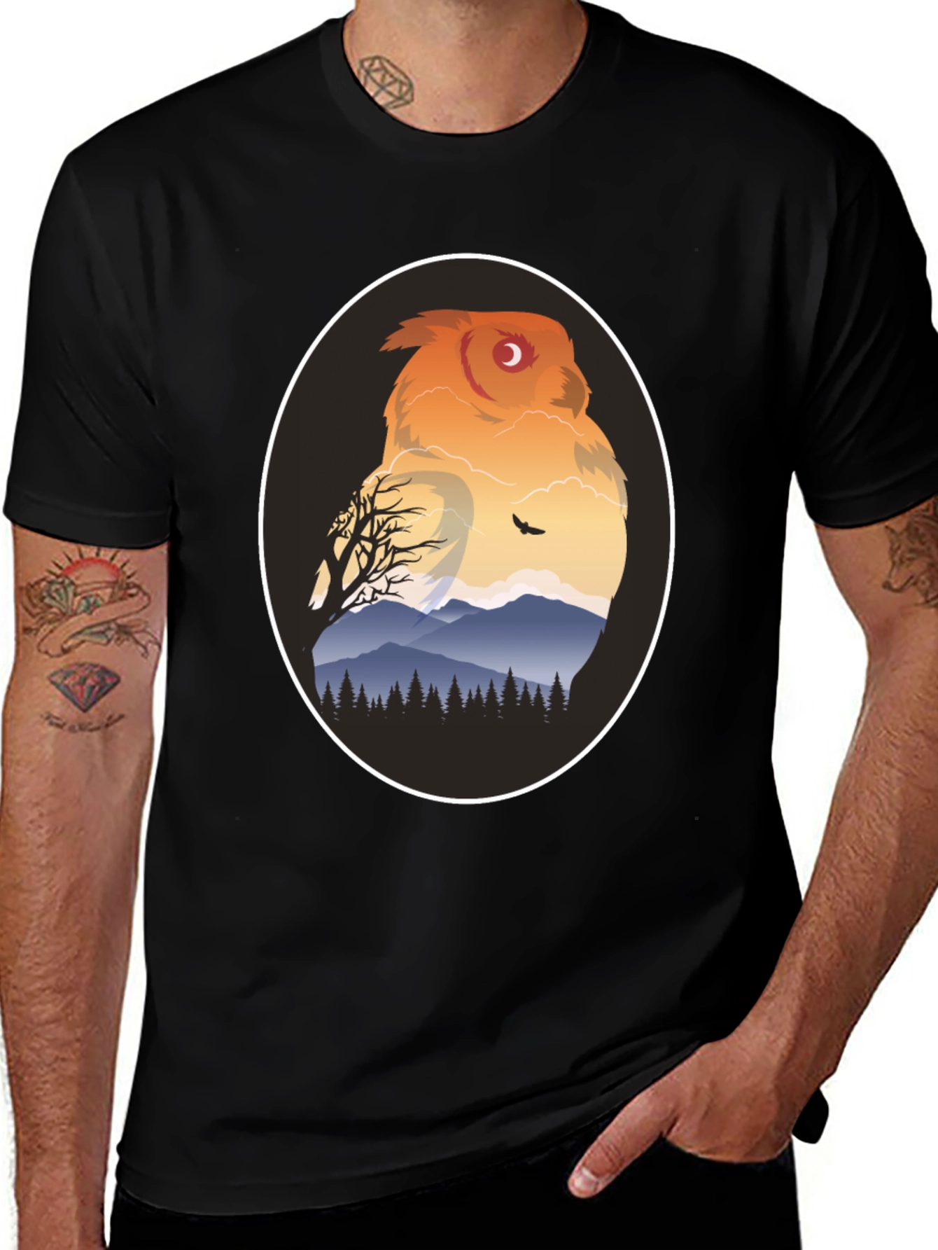Owl Mountain Graphic Tee - Nature Inspired Black T-Shirt