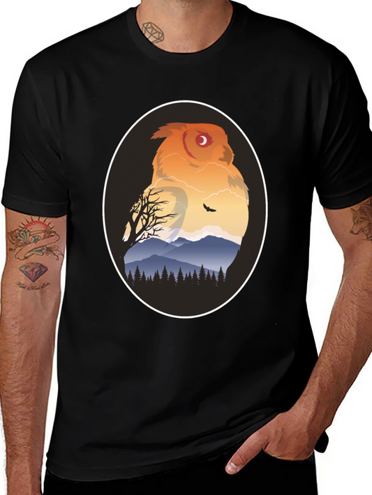 Owl Mountain Graphic Tee - Nature Inspired Black T-Shirt