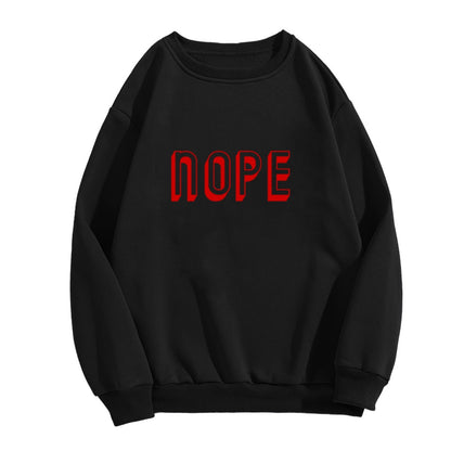 Black Crewneck Sweatshirt with Red "NOPE" Graphic - Casual Oversized Long-Sleeve Pullover for Men, Minimalist Statement Top