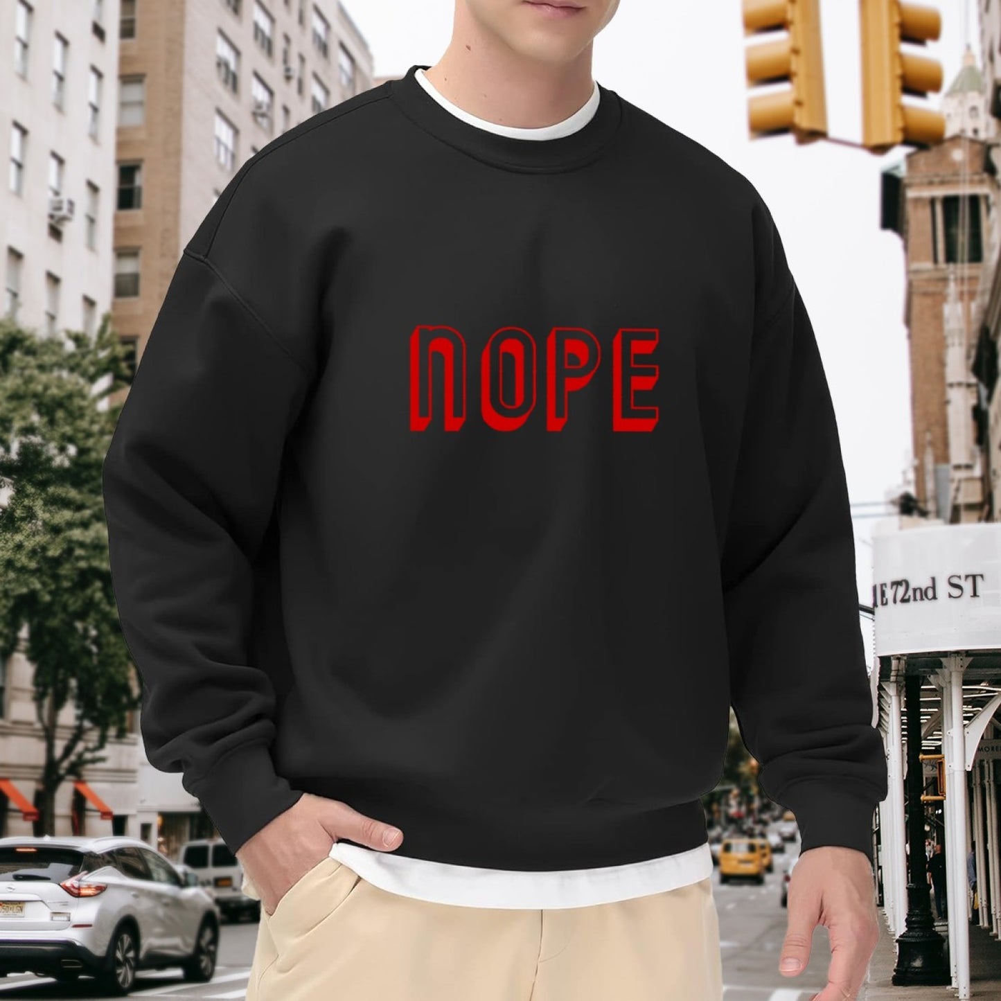 Black Crewneck Sweatshirt with Red "NOPE" Graphic - Casual Oversized Long-Sleeve Pullover for Men, Minimalist Statement Top
