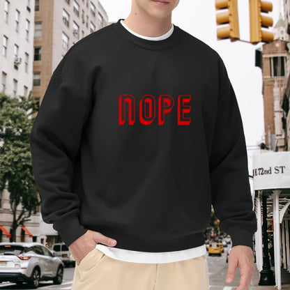 Black Crewneck Sweatshirt with Red "NOPE" Graphic - Casual Oversized Long-Sleeve Pullover for Men, Minimalist Statement Top