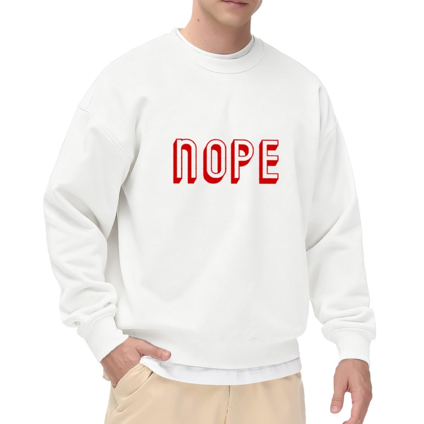 Black Crewneck Sweatshirt with Red "NOPE" Graphic - Casual Oversized Long-Sleeve Pullover for Men, Minimalist Statement Top
