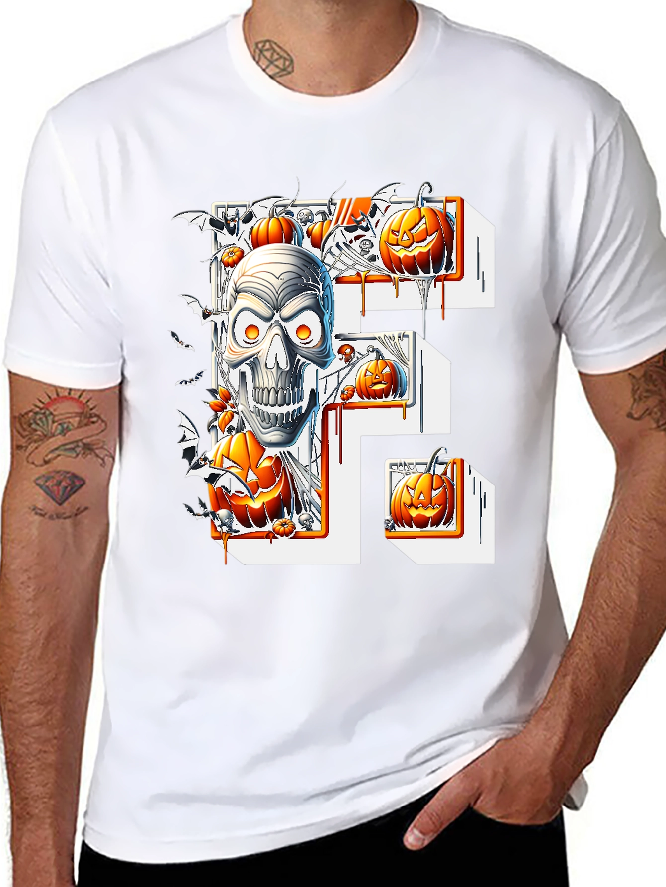Halloween Skull & Pumpkins Black Tee