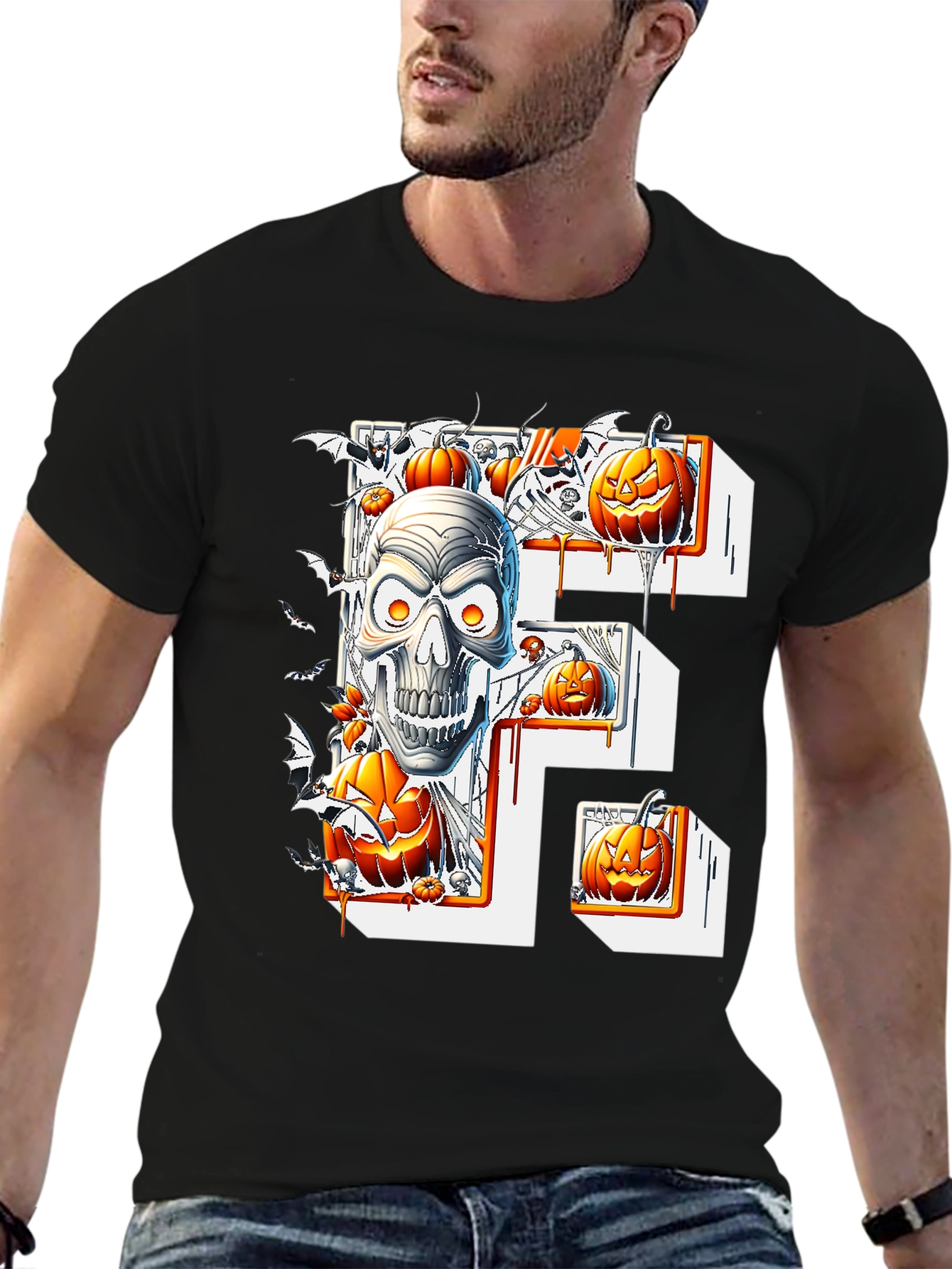 Halloween Skull & Pumpkins Black Tee