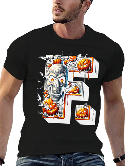 Halloween Skull & Pumpkins Black Tee