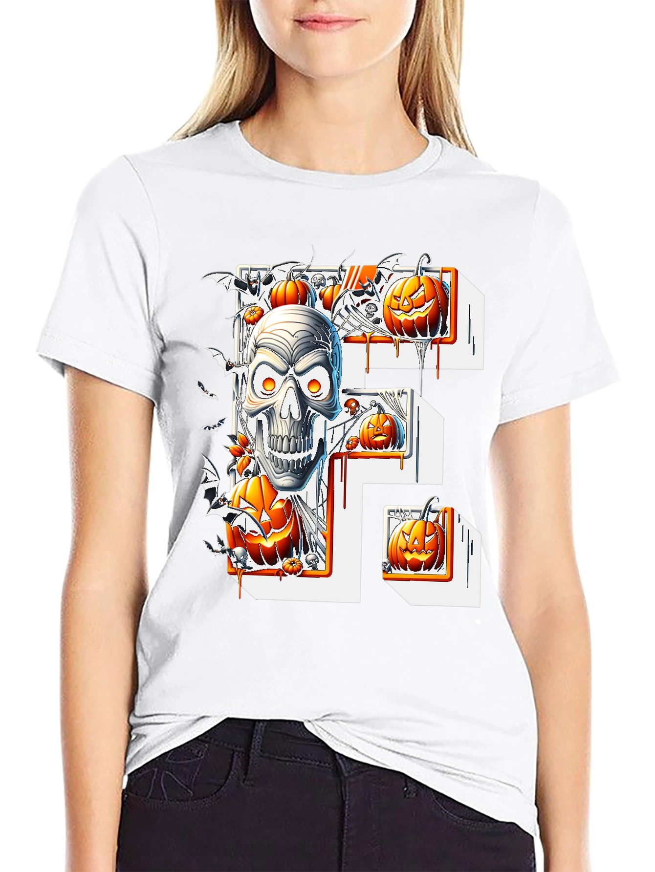 Halloween Skull & Pumpkins Black Tee