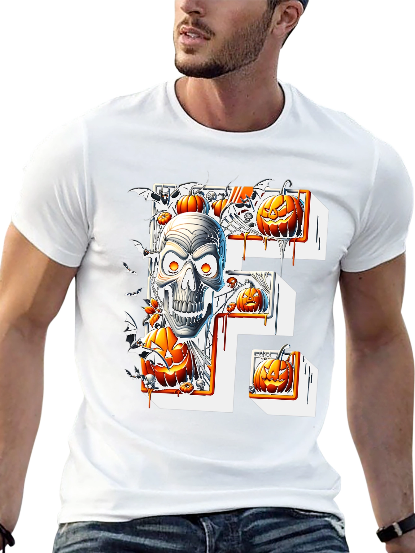 Halloween Skull & Pumpkins Black Tee