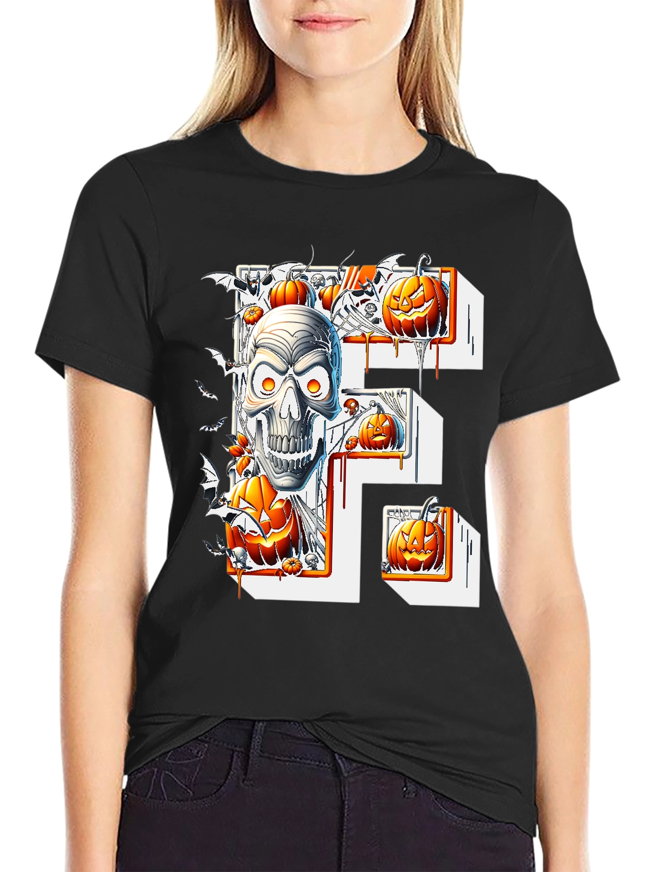 Halloween Skull & Pumpkins Black Tee