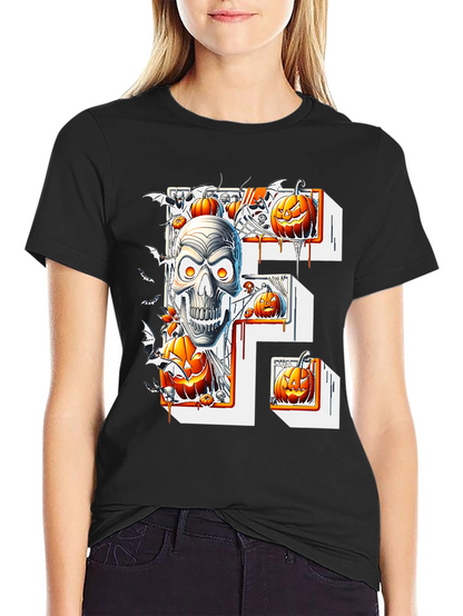 Halloween Skull & Pumpkins Black Tee