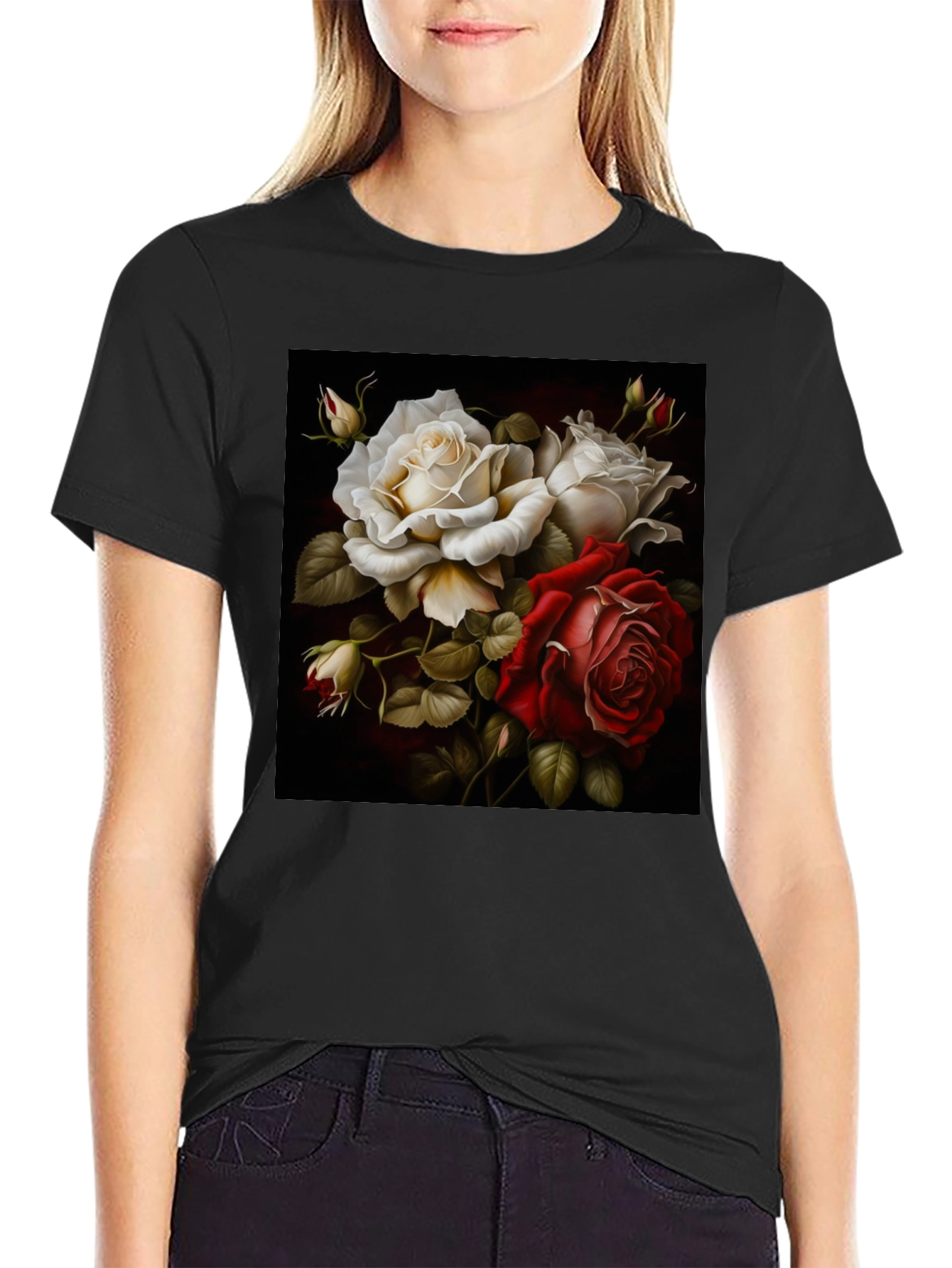 Floral Rose Graphic Black T-Shirt