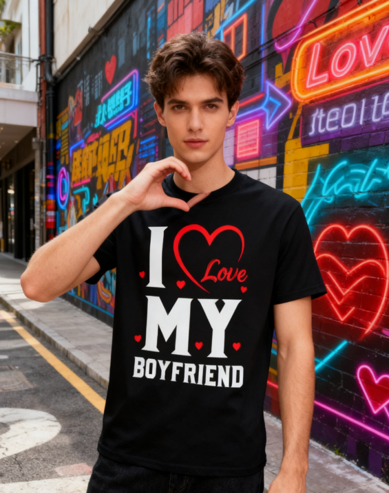 I Love My Boyfriend Heart T-Shirt - 100% Cotton, Romantic Casual Tee for Couples & Daily Occasions