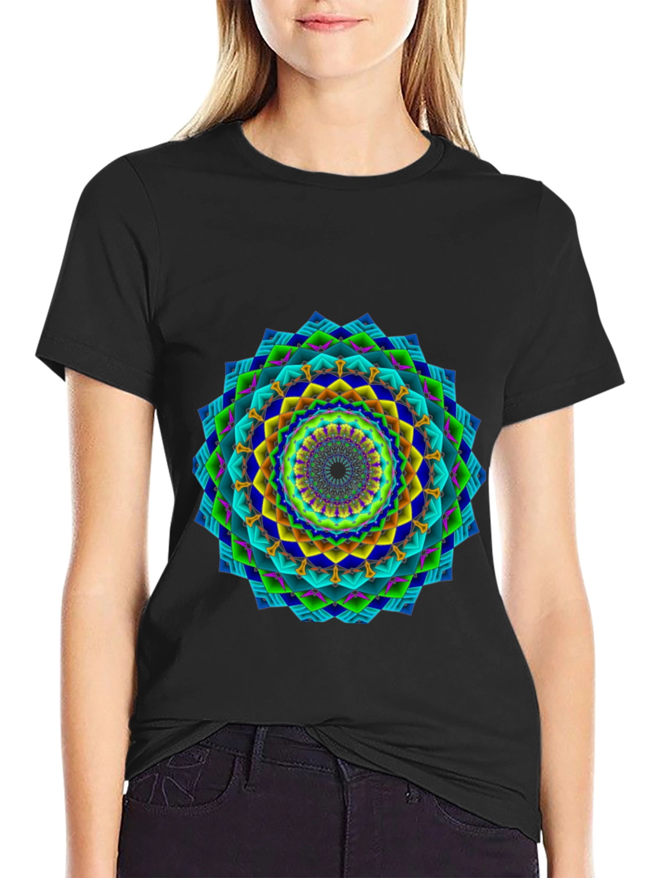 Vibrant Geometric Mandala Black T-Shirt