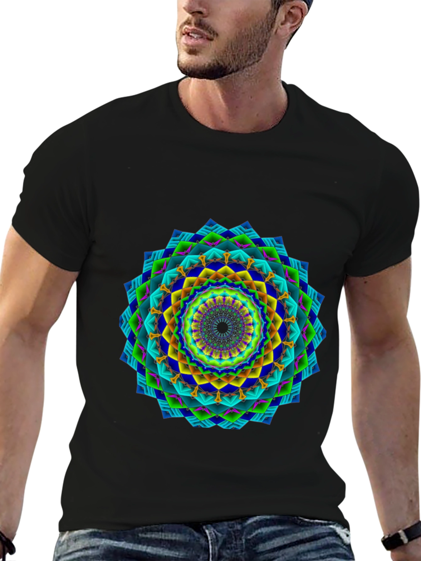 Vibrant Geometric Mandala Black T-Shirt