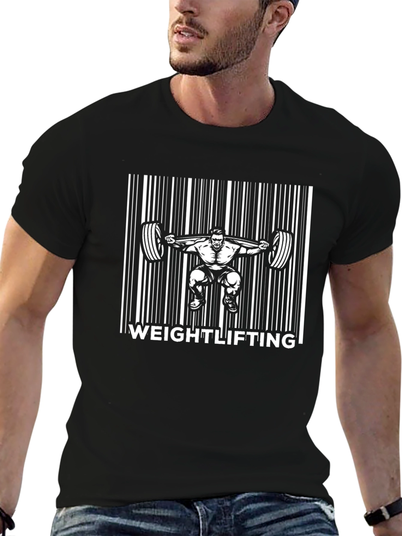 Weightlifting Barcode Design Black T-Shirt