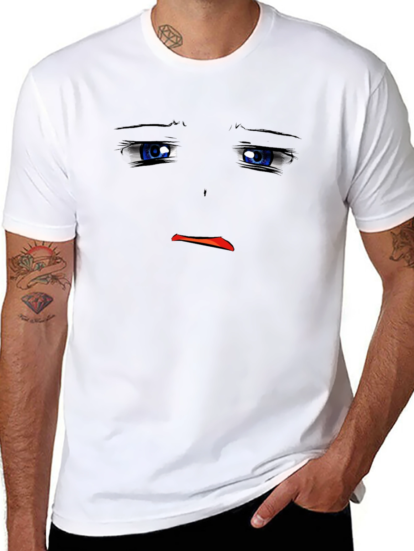 Sad Anime Face Black T-Shirt Graphic Tee