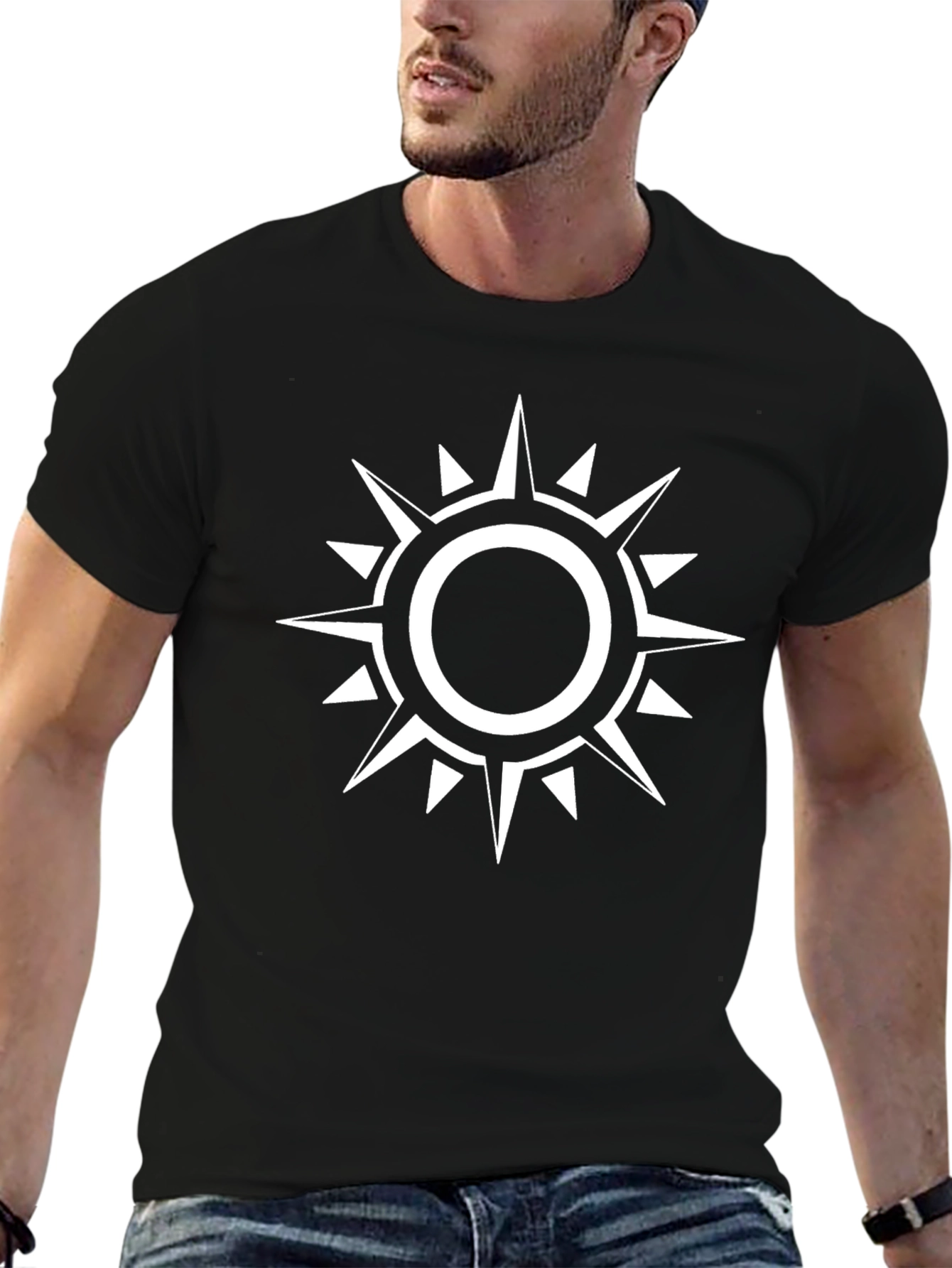 Mens Black T-Shirt with White Sunburst Graphic