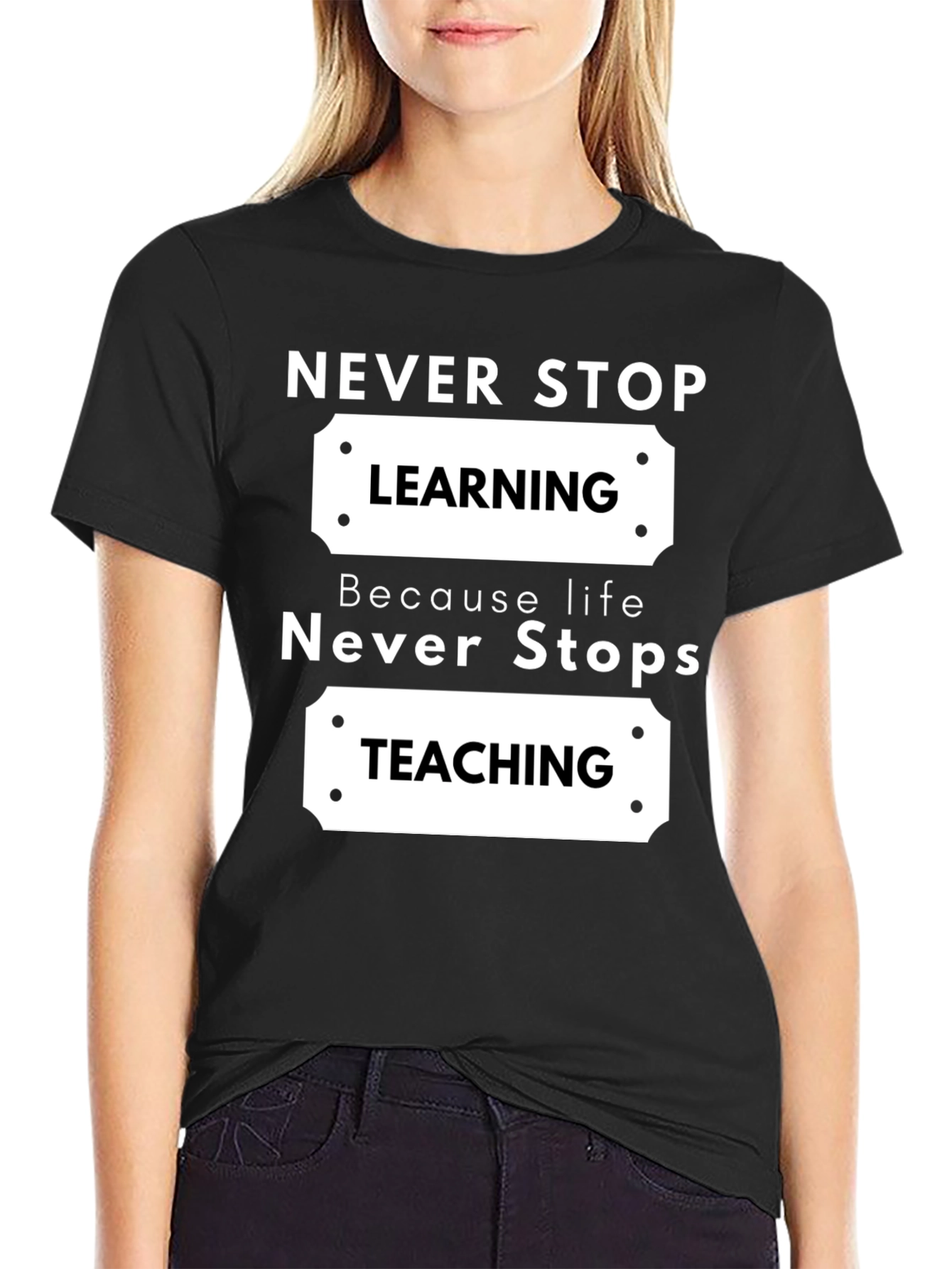 Never Stop Learning Black Graphic T-Shirt
