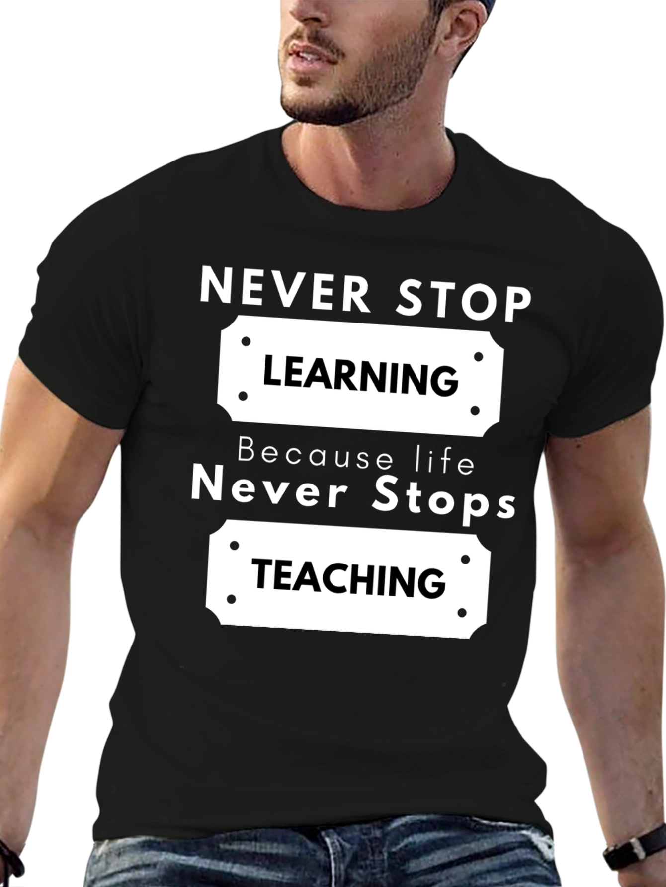 Never Stop Learning Black Graphic T-Shirt