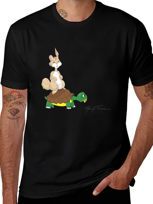 Hare and Tortoise Graphic Tee - Black Cotton T-Shirt