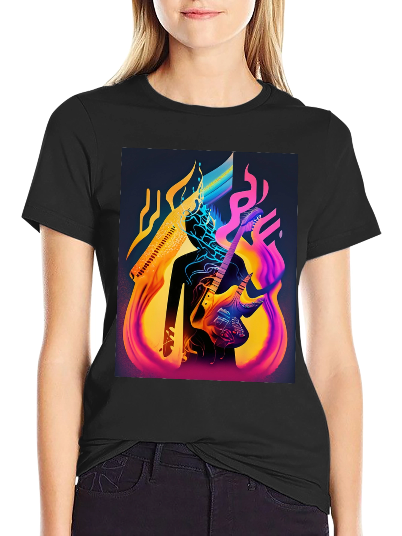 Abstract Guitarist Graphic Tee - Black Cotton Blend
